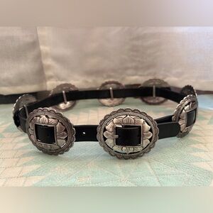 Vintage 1993 Brighton Black Leather Sunflower Motif Concho Belt